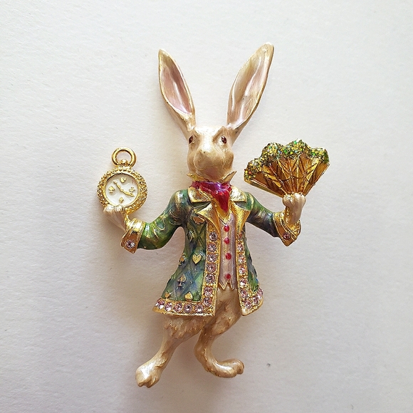 Kirks Folly White Rabbit Alice in Wonderland Enamel & Rhinestone Brooch - Picture 2 of 10